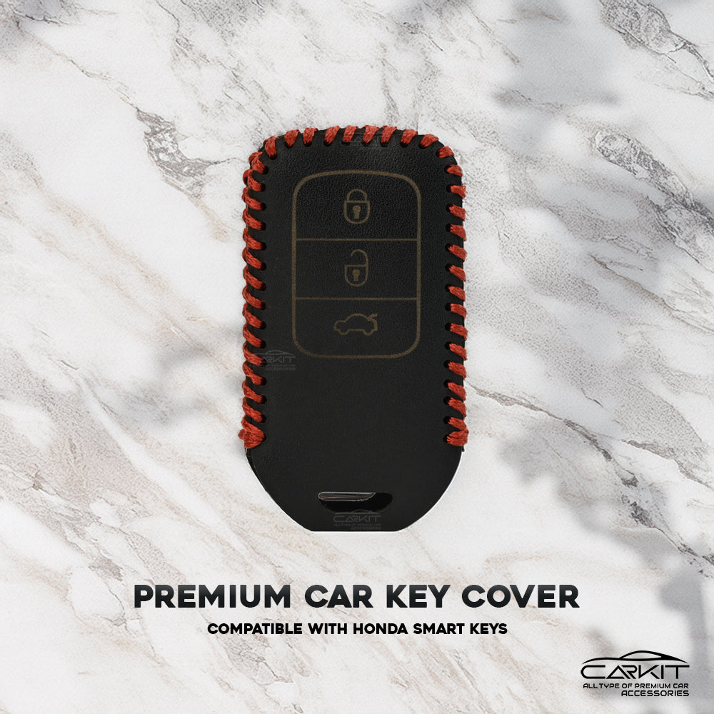 PU 3D Black Leather Car Key Cover For Honda: City, Civic, Jazz, Brio, Amaze, Cr-v, Wr-v, Br-v, Mobilio 3 Button Smart Key