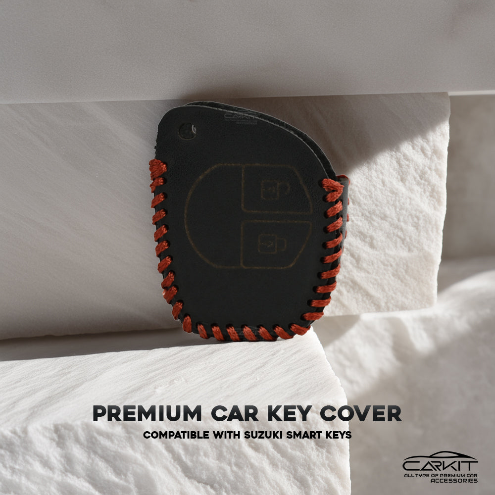 Genuine Black leather Car Key Cover For Maruti Suzuki: Swift, Dzire, WagonR, Brezza, Grand Vitara, Fronx, Jimny, XL6, Ignis, Ertiga, Baleno, Vitara Brezza, Celerio, Alto, Ciaz, S-Cross – 2 Button Remote Key