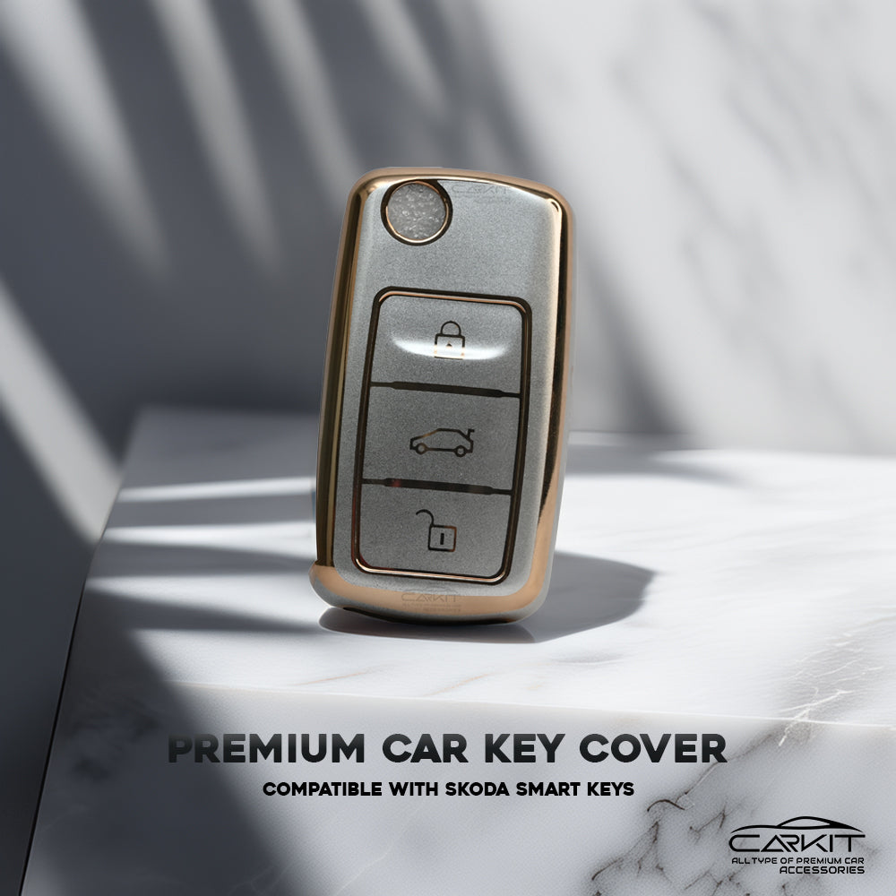 TPU White Gold Car key Cover For Skoda Octavia, Fabia, Laura, Superb, Rapid, Yeti And Volkswagen Polo, Vento, Jetta, Ameo