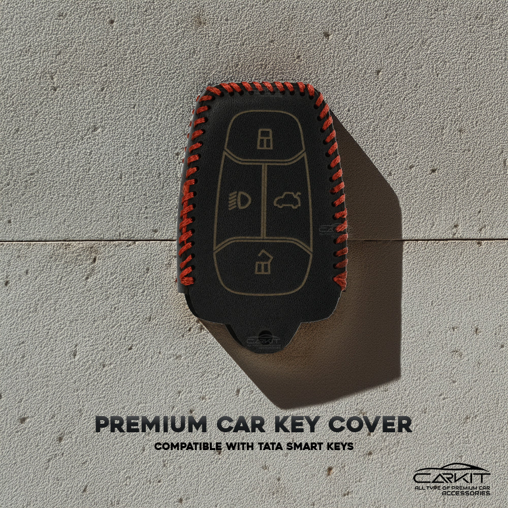 Genuine Black leather Car Key Cover For Tata: Nexon, Harrier, Tigor BS6, Tigor EV, Safari 2021, Altroz, Safari Gold, Gravitas, Punch 4 button smart key