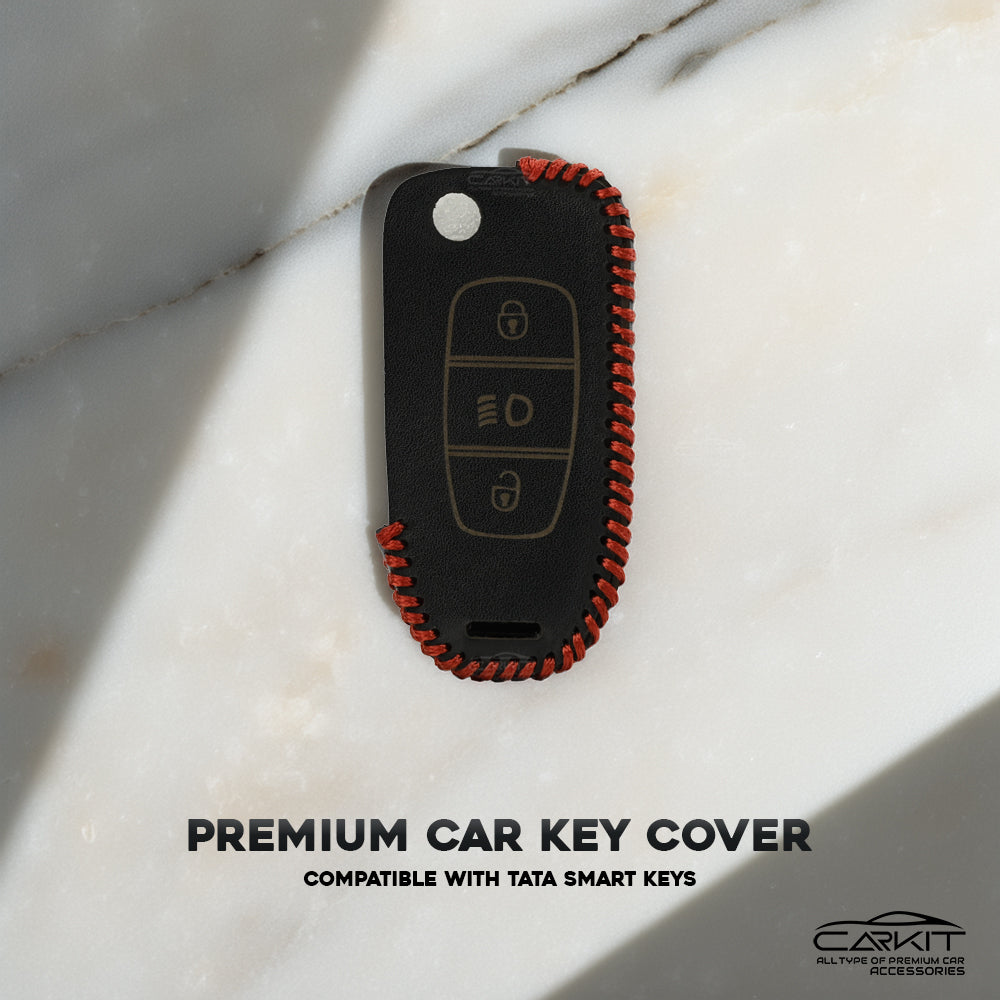 Genuine Black leather Car Key Cover For Tata: Nexon, Harrier, Safari, Altroz, Punch, Tiago, Tigor, Zest, Bolt, Hexa 3 button Flip Key