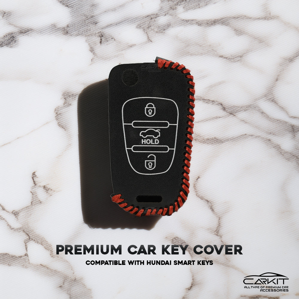 Genuine Black leather Key Cover For Hyundai: Creta, Venue, Tucson, Alcazar, I20, Grand I10, Aura, Xcent, Exter 3 button flip key