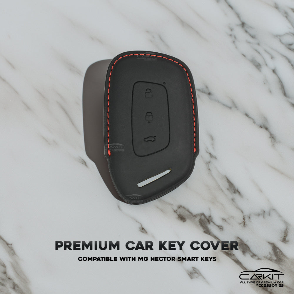 PU 3D Black Leather Car Key Cover For MG: MG Hector 3 Button smart key