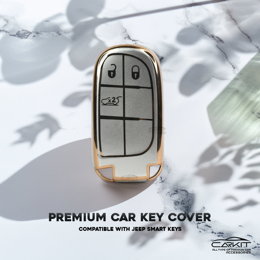 TPU White Gold Car key Cover For Jeep : Meridian, Compass, Trailhawk – 3 Button Smart Key