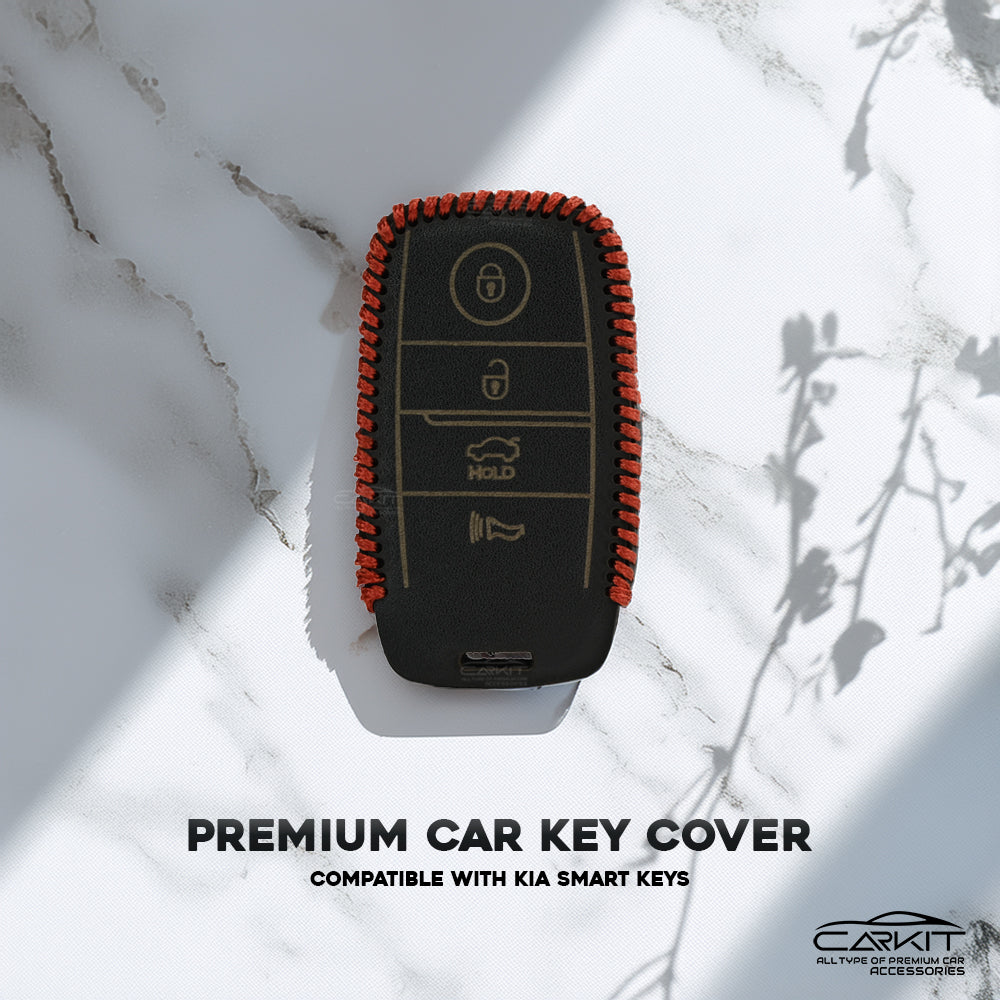 Genuine Black leather Car Key Cover For Kia: Seltos, Sonet, Carens, Carnival 4 Button Smart Key