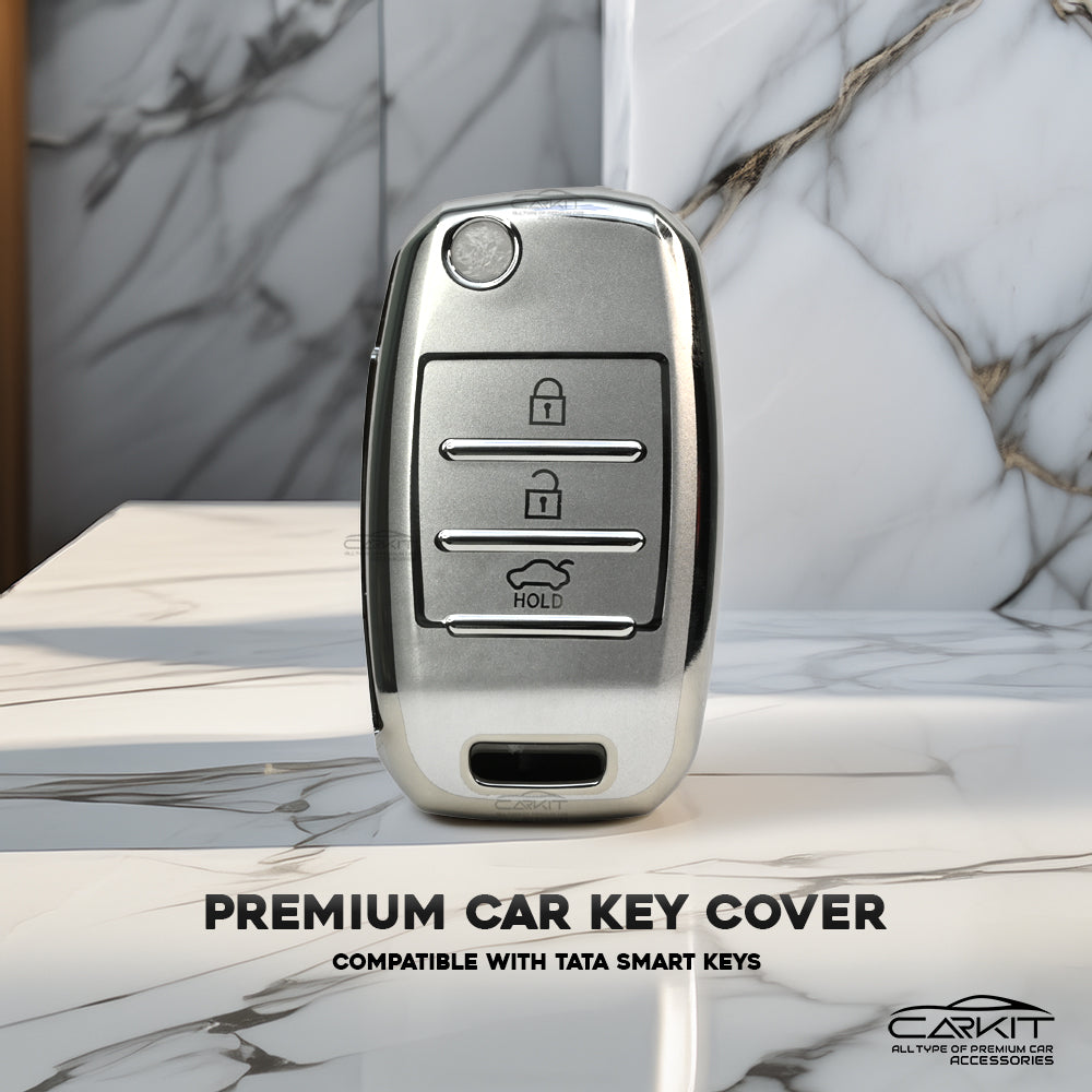 TPU Silver Car Key Cover For Kia: Seltos, Sonet, Carens 3 Button Flip Key