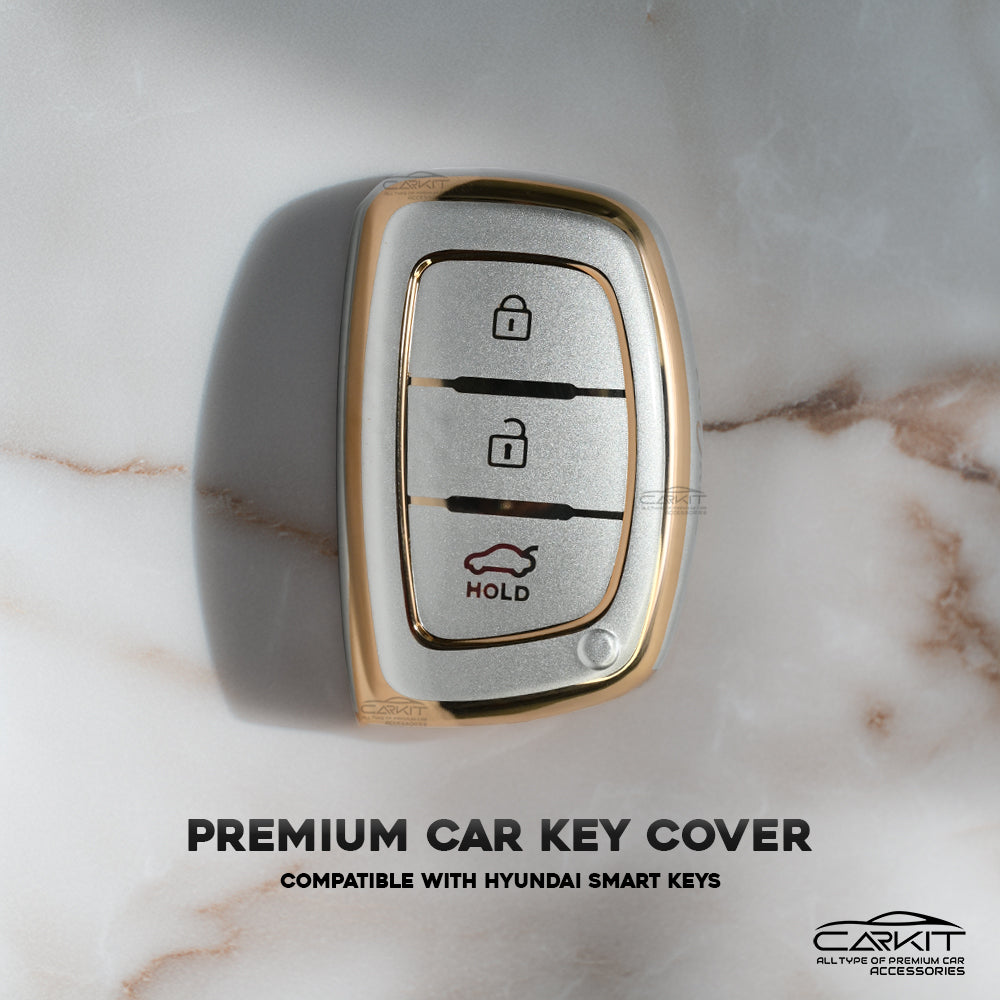 TPU White Gold Car Key Cover For Hyundai: i20, Creta, Venue, Tucson, Alcazar, Verna, Xcent, Aura, Elantra 3 button smart key