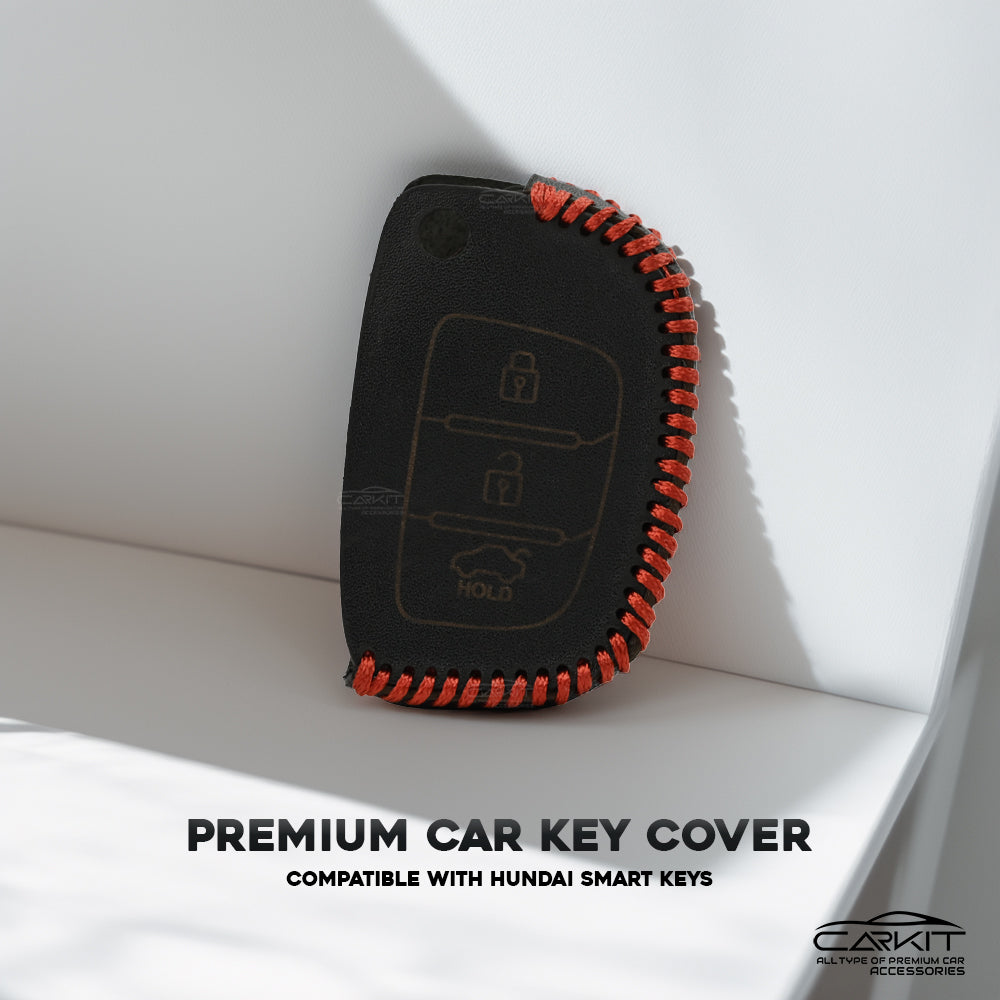 Genuine Black leather Key Cover For Hyundai: Creta, Venue, Tucson, Alcazar, I20, Grand I10, Aura, Xcent, Exter 3 button flip key