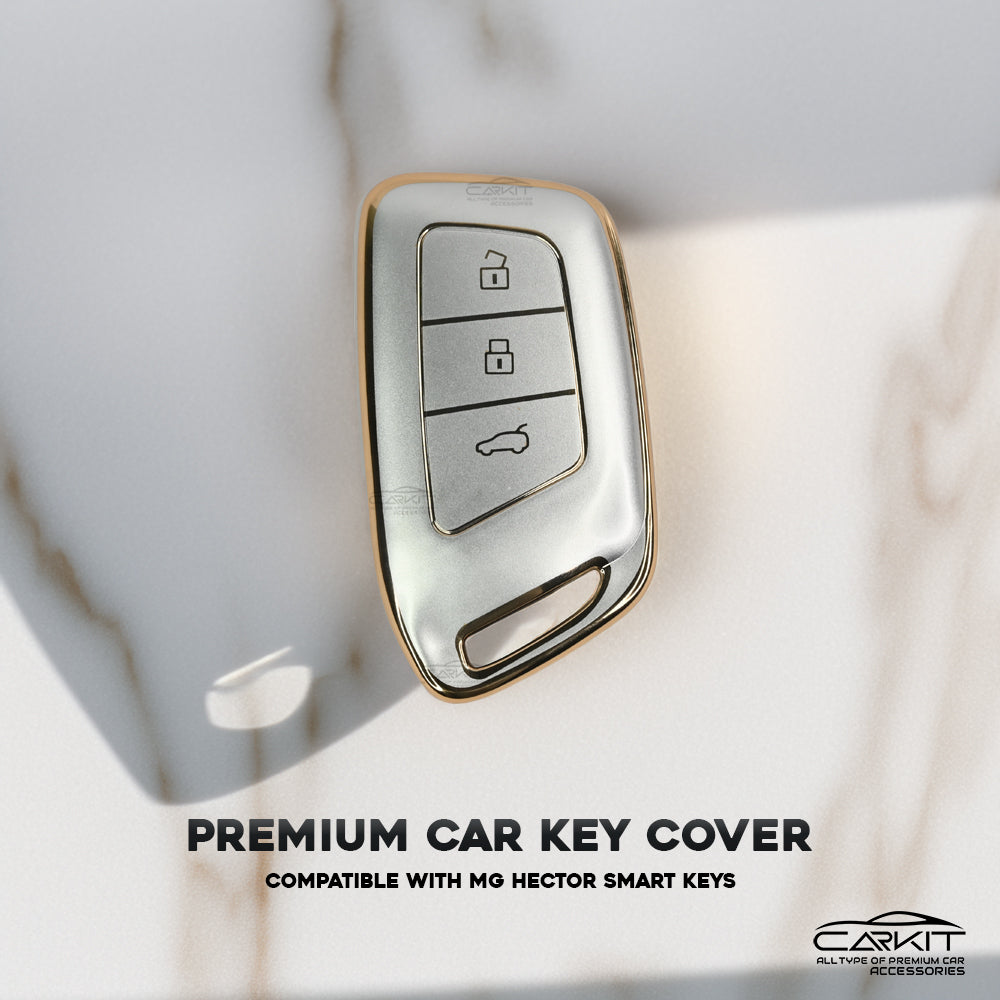 TPU White Gold Car Key Cover For MG: MG Hector 3 Button smart key