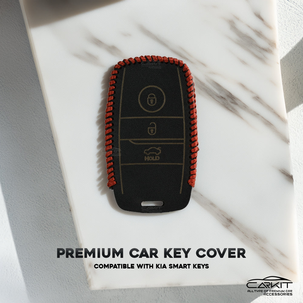 Genuine Black leather Car Key Cover For Kia: Seltos, Sonet, Carens, Carnival Smart Key