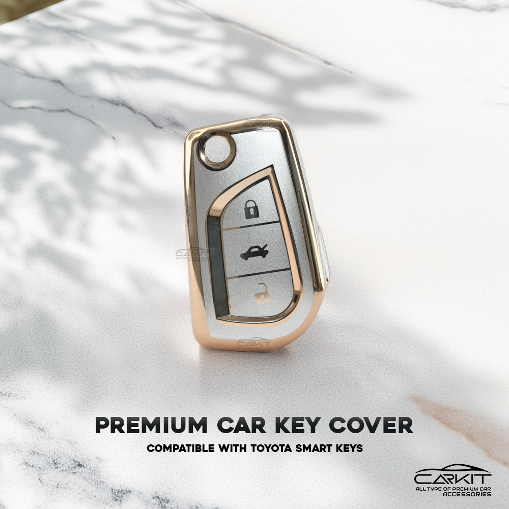 TPU White Gold Car Key Cover For Toyota: Innova Crysta, Corolla Altis 3 button flip key.