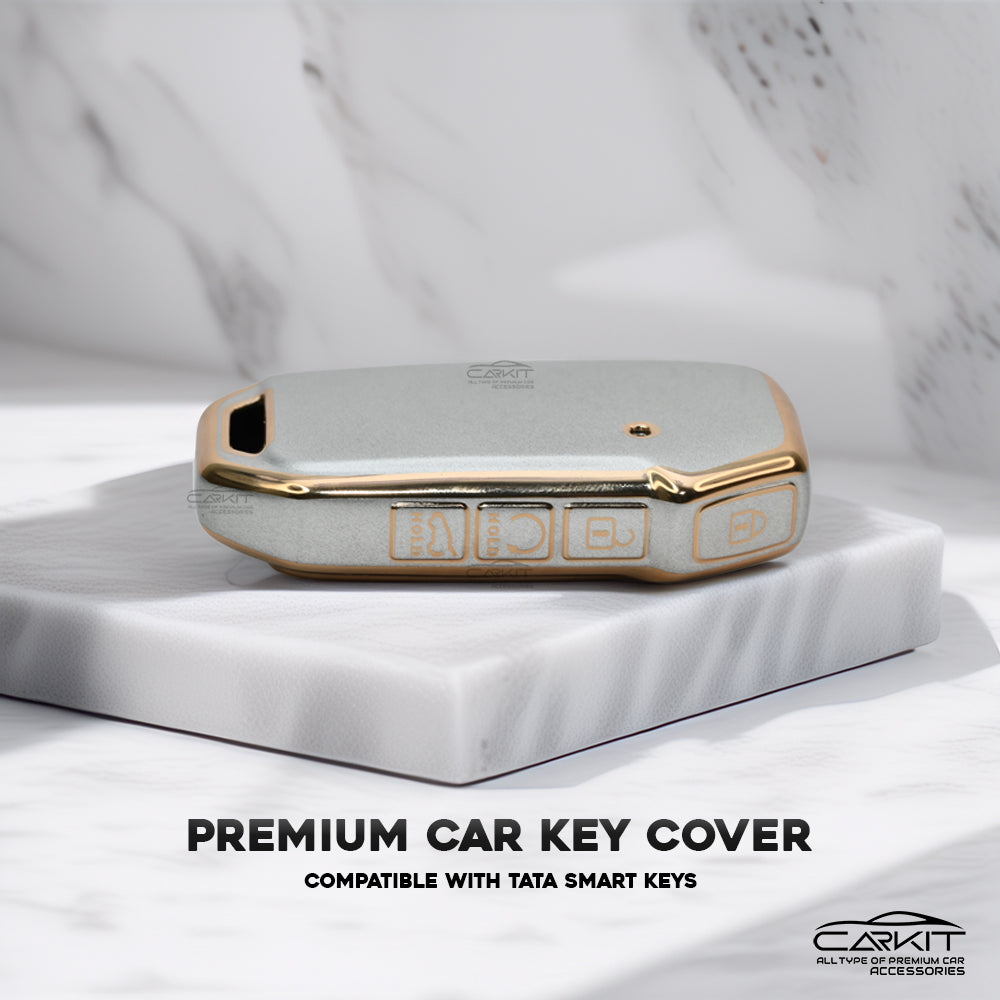 TPU White Gold Car Key Cover For New Kia Seltos 2023 Facelift | Carens X Line | Sonet Facelift - 4 Button Smart Key