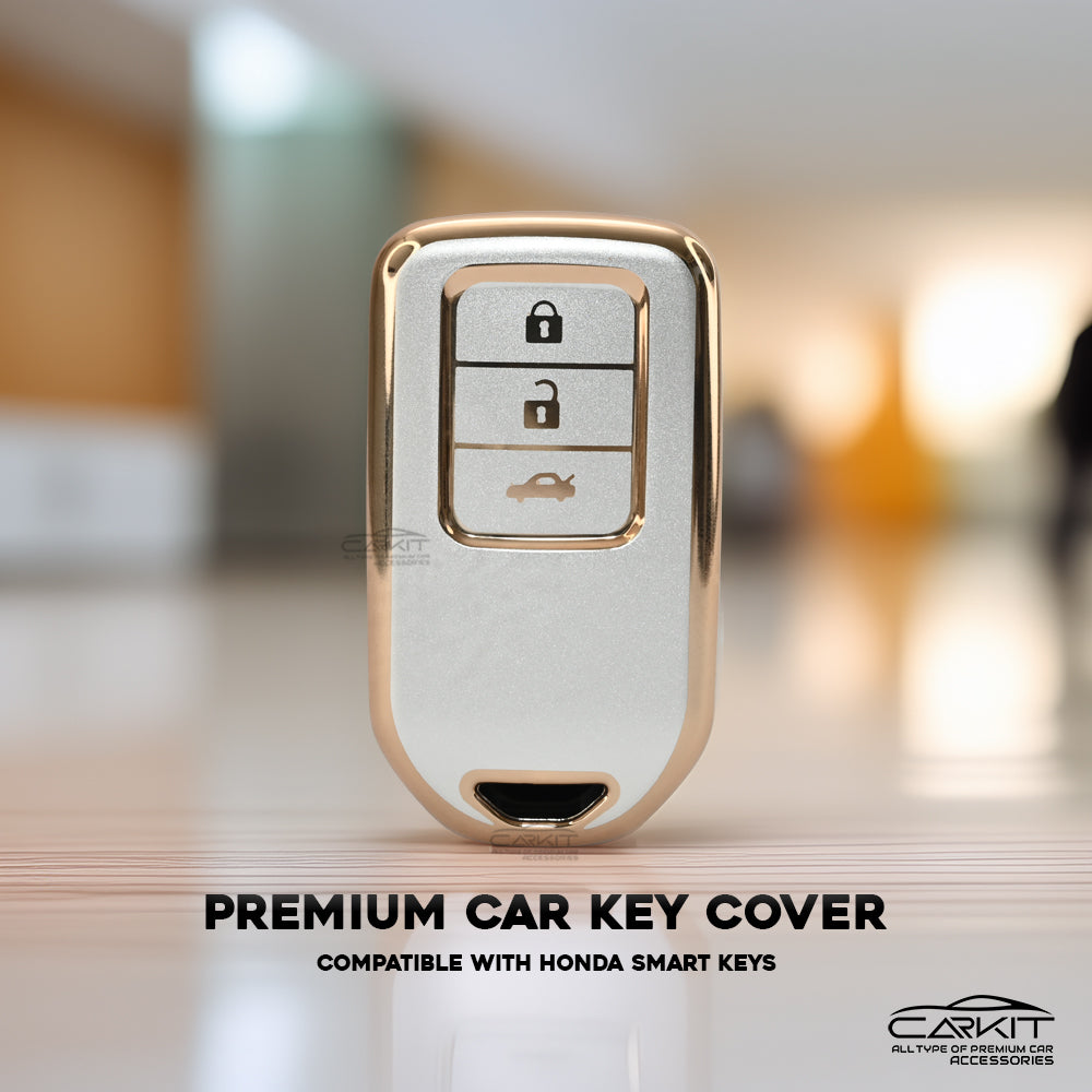 TPU White Gold Key Cover For Honda: City, Civic, Jazz, Brio, Amaze, Cr-v, Wr-v, Br-v, Mobilio 3 Button Smart Key