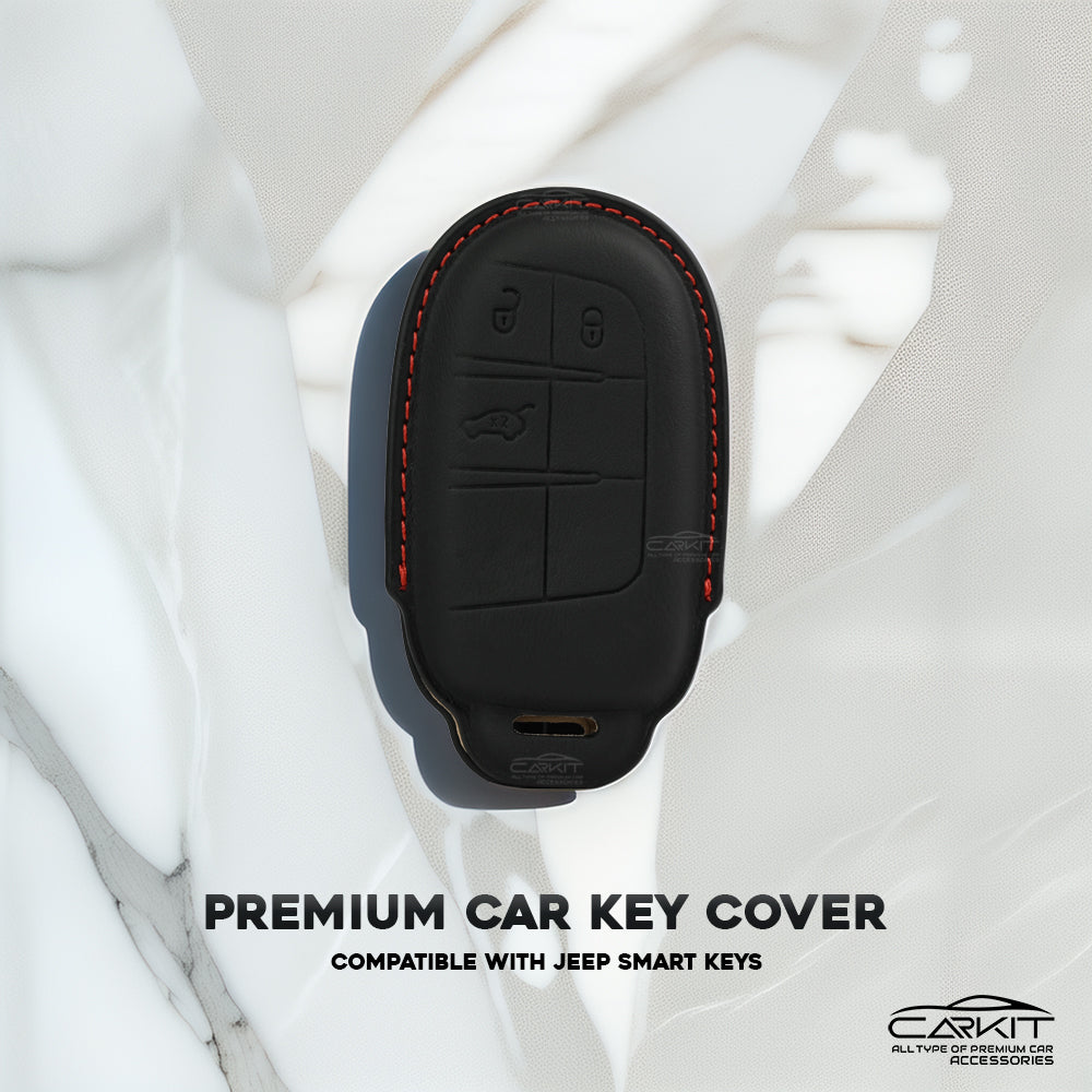 PU 3D Black Leather Car key Cover For Jeep : Meridian, Compass, Trailhawk – 3 Button Smart Key
