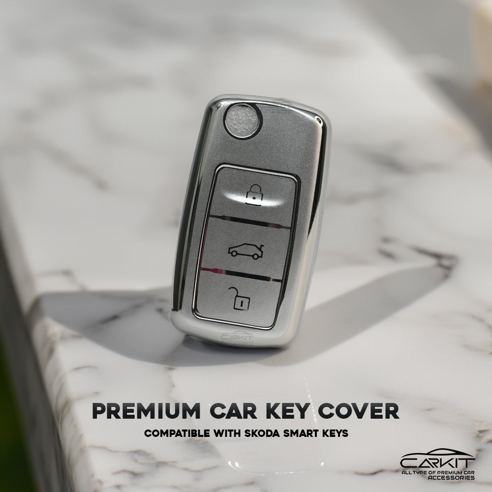 TPU Silver Car key Cover For Skoda Octavia, Fabia, Laura, Superb, Rapid, Yeti And Volkswagen Polo, Vento, Jetta, Ameo