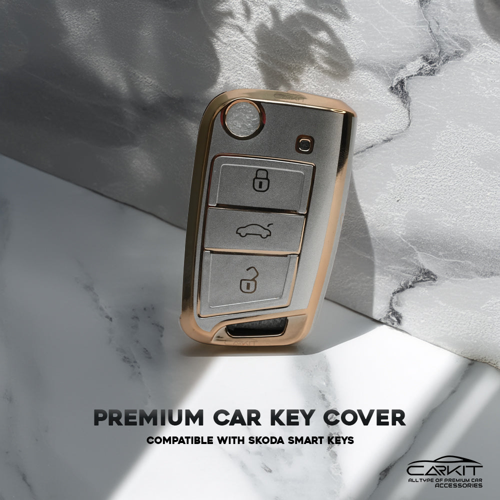 TPU White Gold Car key Cover For Skoda Virtus, Tiguan, Jetta, Slavia, Kodiaq, Kushaq, Karoq, Octavia And Volkswagen Virtus, Tiguan, T-Roc, Taigun, Jetta, Octavia, Karoq, Superb, Kodiaq, Slavia Flip Key