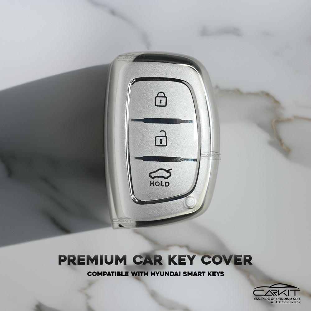 TPU Silver Car Key Cover For Hyundai: i20, Creta, Venue, Tucson, Alcazar, Verna, Xcent, Aura, Elantra 3 button smart key