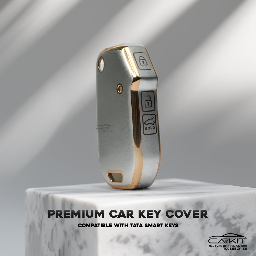 TPU White Gold Car Key Cover For New Kia Seltos 2023 Facelift | Carens X Line | Sonet Facelift - 4 Button Smart Key