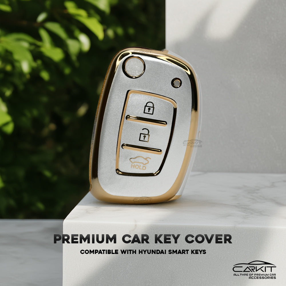 TPU White Gold Key Cover For Hyundai: Creta, Venue, Tucson, Alcazar, I20, Grand I10, Aura, Xcent, Exter 3 button flip key