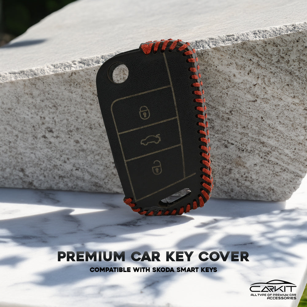 PU 3D Black Leather Car Key Cover For Skoda Virtus, Tiguan, Jetta, Slavia, Kodiaq, Kushaq, Karoq, Octavia And Volkswagen Virtus, Tiguan, T-Roc, Taigun, Jetta, Octavia, Karoq, Superb, Kodiaq, Slavia Flip Key