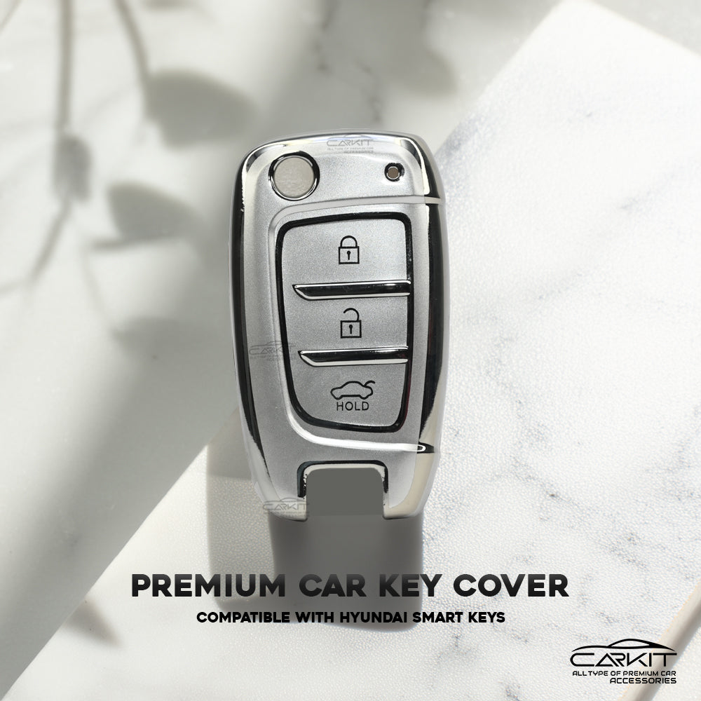 TPU Silver Car Key Cover For Hyundai: i20, Kona, Verna 2018 Onwards 3 button flip key