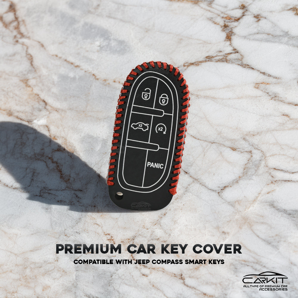 PU 3D Black Leather Key Cover Compatible for Jeep Meridian, Compass, Trailhawk, 3 Button Smart Key