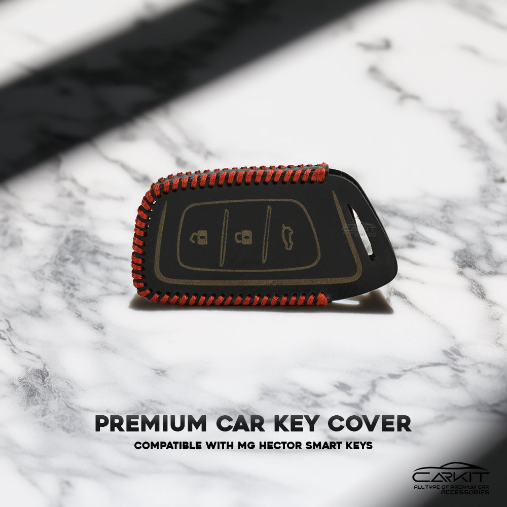 Genuine Black leather Car Key Cover For MG: MG Hector 3 Button smart key