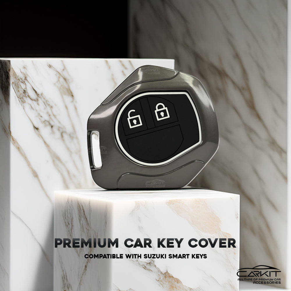 Metal Silicon Car Key Cover For Maruti Suzuki: Swift, Dzire, WagonR, Brezza, Grand Vitara, Fronx, Jimny, XL6, Ignis, Ertiga, Baleno, Vitara Brezza, Celerio, Alto, Ciaz, S-Cross – 2 Button Remote Key