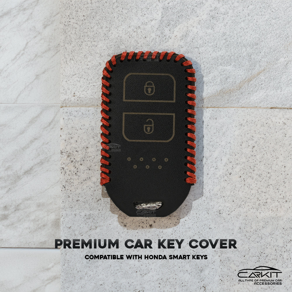 PU 3D Black Leather Key Cover For Honda: Elevate, City, Jazz, Amaze 2 button smart key