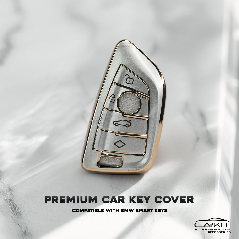 TPU White Gold Car Key Cover For BMW X1, X3, X6, X5, 5 Series, 6 Series, 7 Series 4 Button Smart key