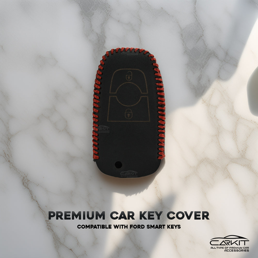 PU 3D Black Leather Car Key Case for Ford Ecosport | Endeavour | Freestyle | Aspire | Figo (2 button Smart Key)