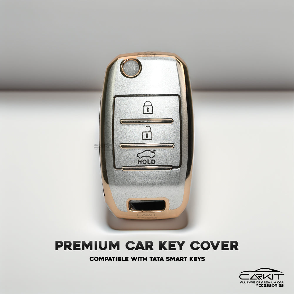 TPU White Gold Car Key Cover For Kia: Seltos, Sonet, Carens 3 Button Flip Key