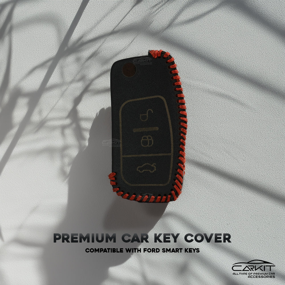 PU 3D Black Leather Car Key Case for Ford Fiesta | Figo | Eco-Sport | Aspire | Freestyle Flip Key only. (3 Button Flip Key)