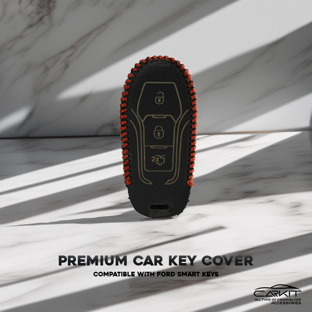 PU 3D Black Leather Car Key Case for Ford New Ecosport | Endeavor | Freestyle | Aspire | Figo | New Fiesta 3 Button Flip Key