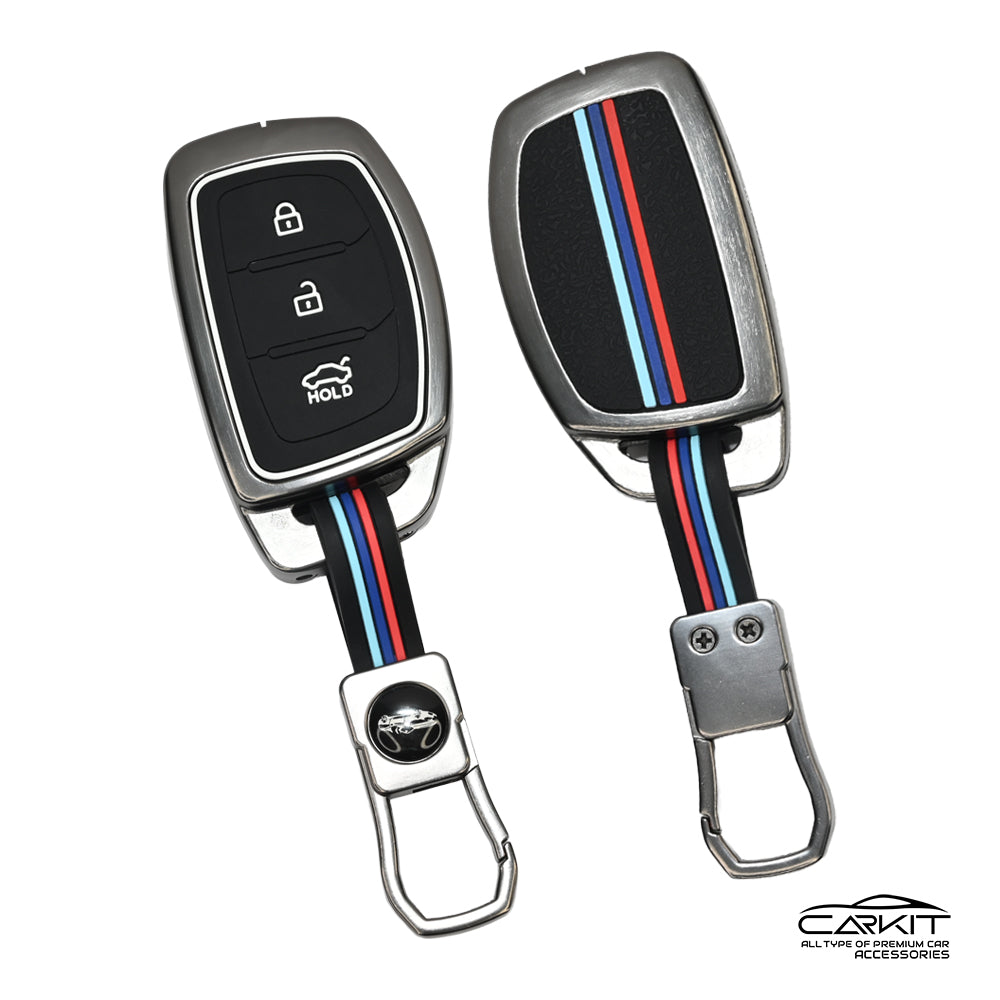Metal Silicone Car Key Cover For Hyundai: i20, Creta, Venue, Tucson, Alcazar, Verna, Xcent, Aura, Elantra 3 button smart key