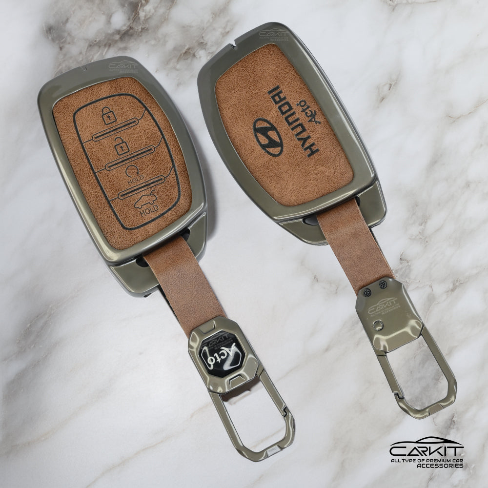 Metal Leather Brown Car Key Cover For Hyundai: Alcazar, Creta 2021 onwards 4 button smart key