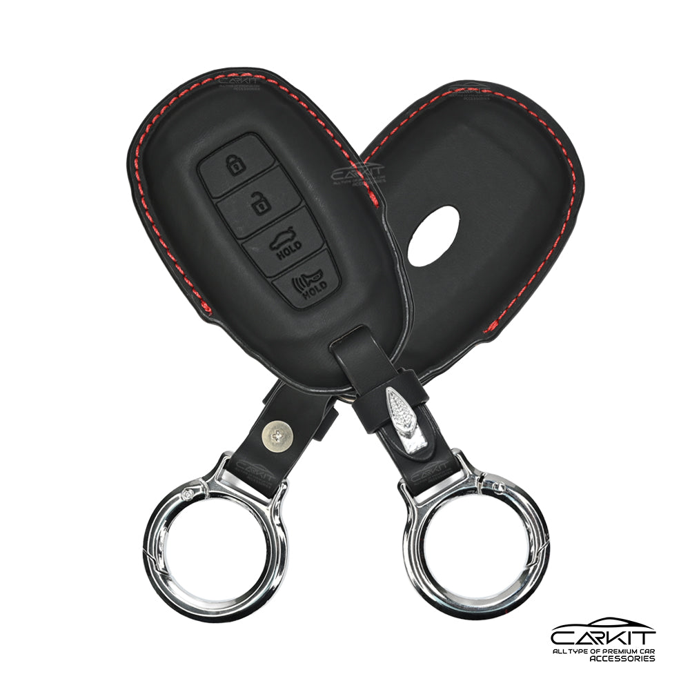 PU 3D Black Leather Car Key Cover For Hyundai: Verna 2020 4 button smart key