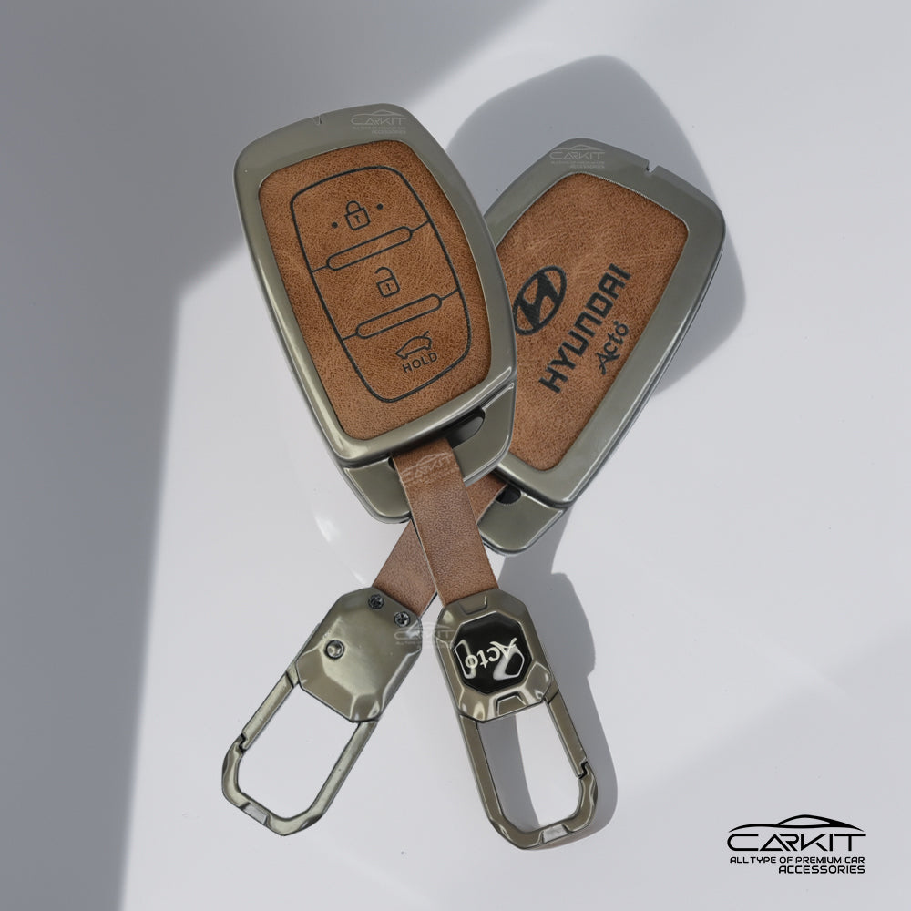 Metal Leather Brown Car Key Cover For Hyundai: i20, Creta, Venue, Tucson, Alcazar, Verna, Xcent, Aura, Elantra 3 button smart key
