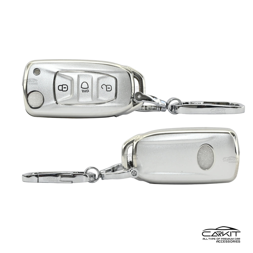 Tpu Silver Car Key Cover For Tata: Nexon, Harrier, Safari, Altroz, Punch, Tiago, Tigor, Zest, Bolt, Hexa 3 button Flip Key
