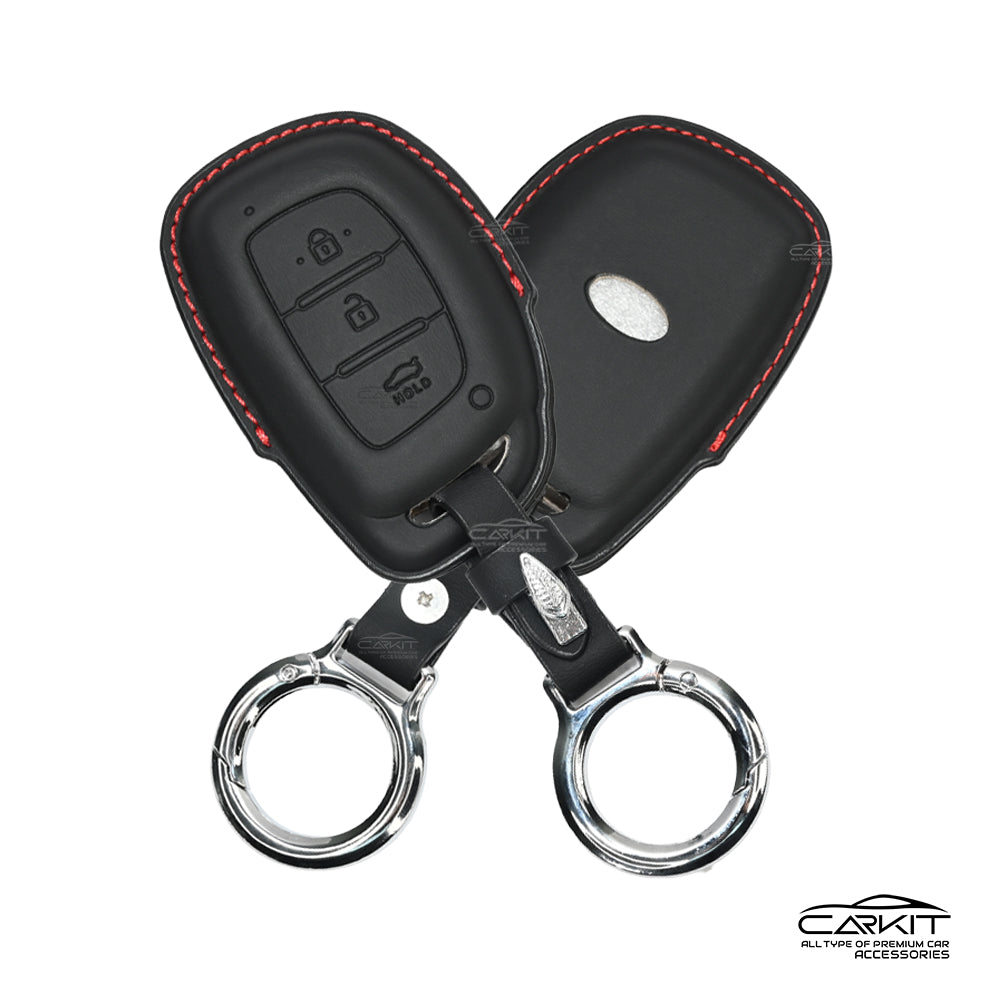PU 3D Black Leather Key Cover For Hyundai: i20, Creta, Venue, Tucson, Alcazar, Verna, Xcent, Aura, Elantra 3 button smart key