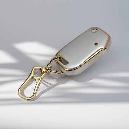 TPU White Gold Car Key Cover For New Kia Seltos 2023 Facelift | Carens X Line | Sonet Facelift - 4 Button Smart Key