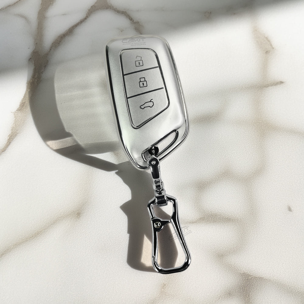 TPU Silver Car Key Cover For MG: MG Hector 3 Button smart key