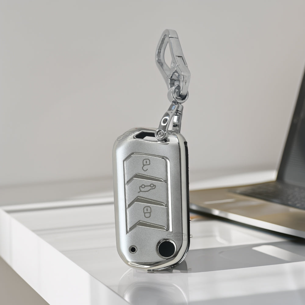Tpu Silver Car Key Cover For Mahindra: Thar, Bolero, Scorpio, XUV700, XUV400, XUV3x0, XUV300, TUV300, Marazzo 3 button flip key