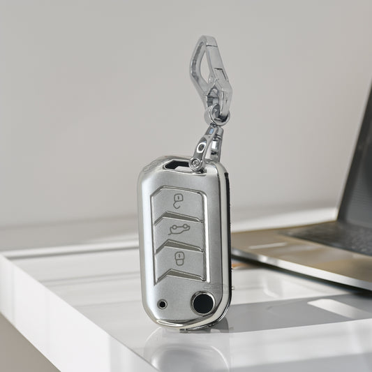 Tpu Silver Car Key Cover For Mahindra: Thar, Bolero, Scorpio, XUV700, XUV400, XUV3x0, XUV300, TUV300, Marazzo 3 button flip key