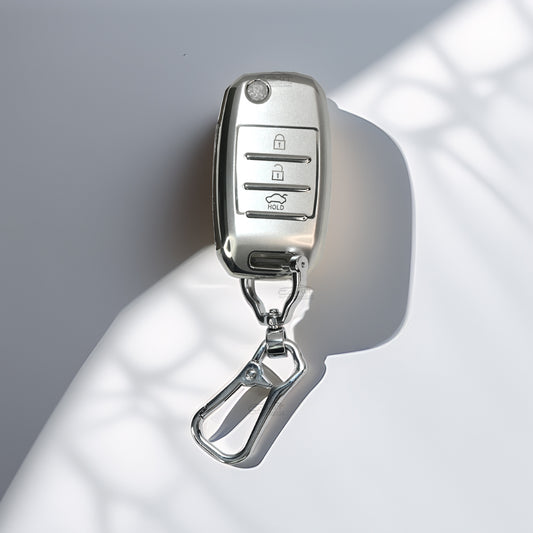 TPU Silver Car Key Cover For Kia: Seltos, Sonet, Carens 3 Button Flip Key