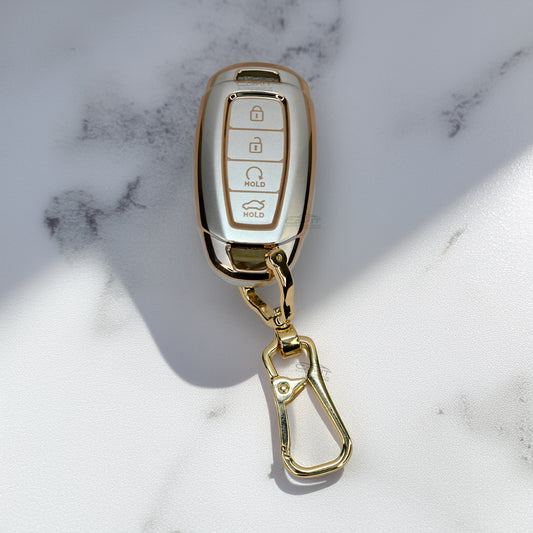 TPU White Gold Car Key Cover For Hyundai: i20, Verna 2023 onwards 4 button smart key