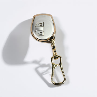 PU 3D White Gold Car Key Cover For Maruti Suzuki: Swift, Dzire, WagonR, Brezza, Grand Vitara, Fronx, Jimny, XL6, Ignis, Ertiga, Baleno, Vitara Brezza, Celerio, Alto, Ciaz, S-Cross – 2 Button Remote Key