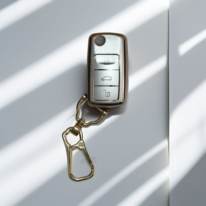 TPU White Gold Car key Cover For Skoda Octavia, Fabia, Laura, Superb, Rapid, Yeti And Volkswagen Polo, Vento, Jetta, Ameo
