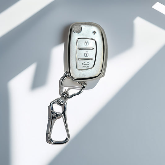 TPU Silver Key Cover For Hyundai: Creta, Venue, Tucson, Alcazar, I20, Grand I10, Aura, Xcent, Exter 3 button flip key