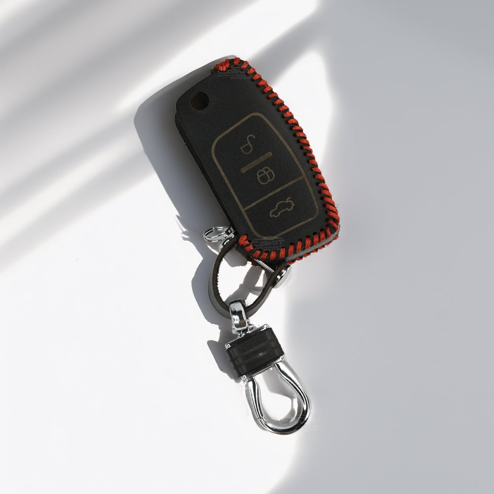 PU 3D Black Leather Car Key Case for Ford Fiesta | Figo | Eco-Sport | Aspire | Freestyle Flip Key only. (3 Button Flip Key)